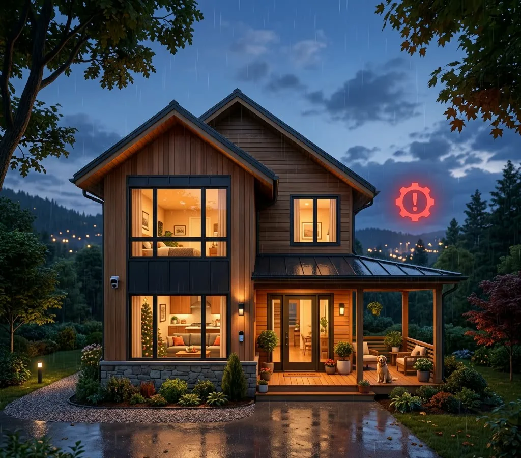 Maison de nuit sous la pluie, un pictogramme d'alerte rouge signale un équipement déconnecté