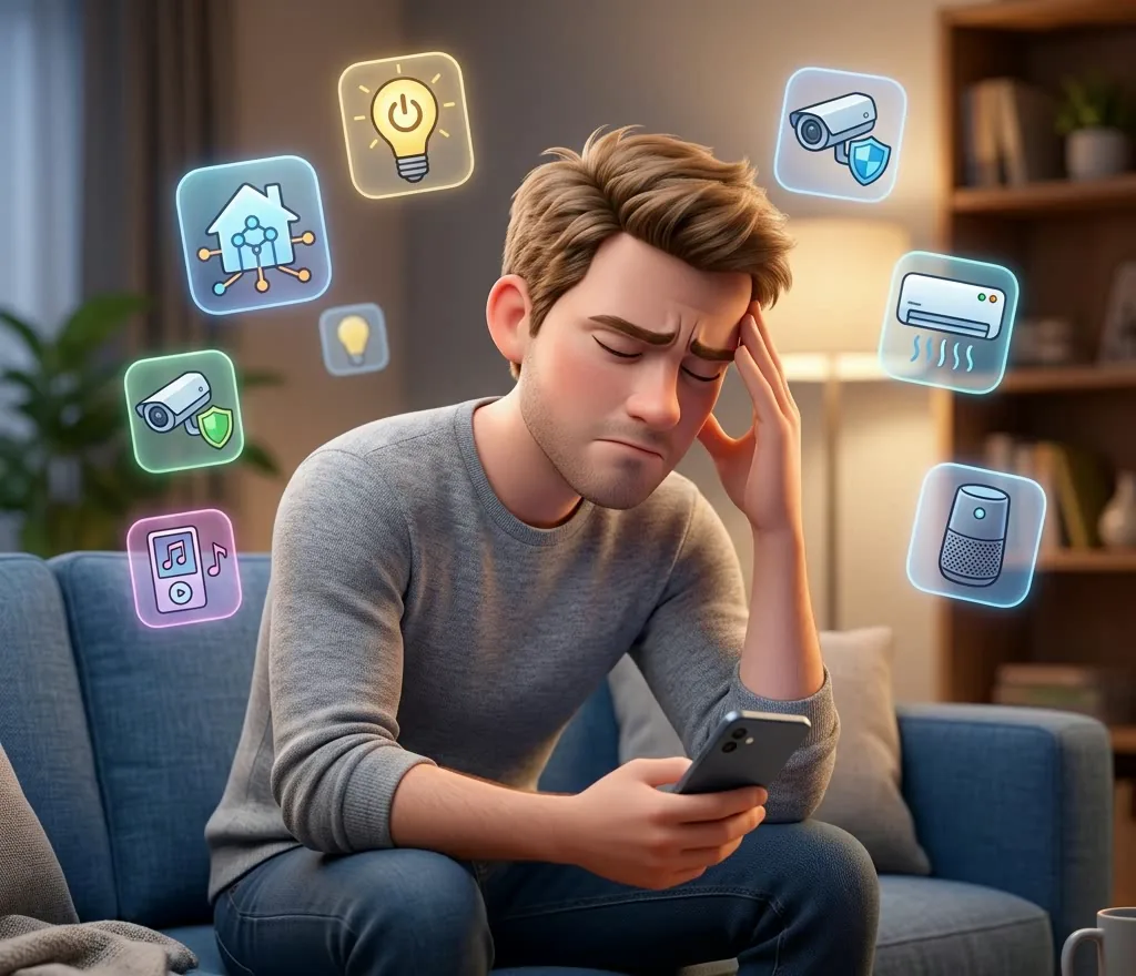 Un homme fatigué, entouré des icônes de ses nombreuses applications domotiques