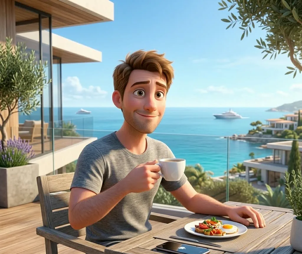 Petit-déjeuner serein sur une terrasse face à l'océan